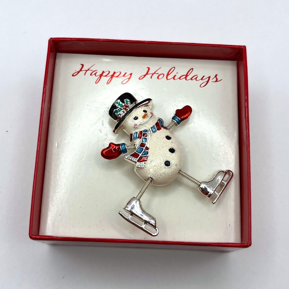 Vintage Sears Christmas Snowman Ice Skater Dangler Pin Brooch Moveable Arms Legs